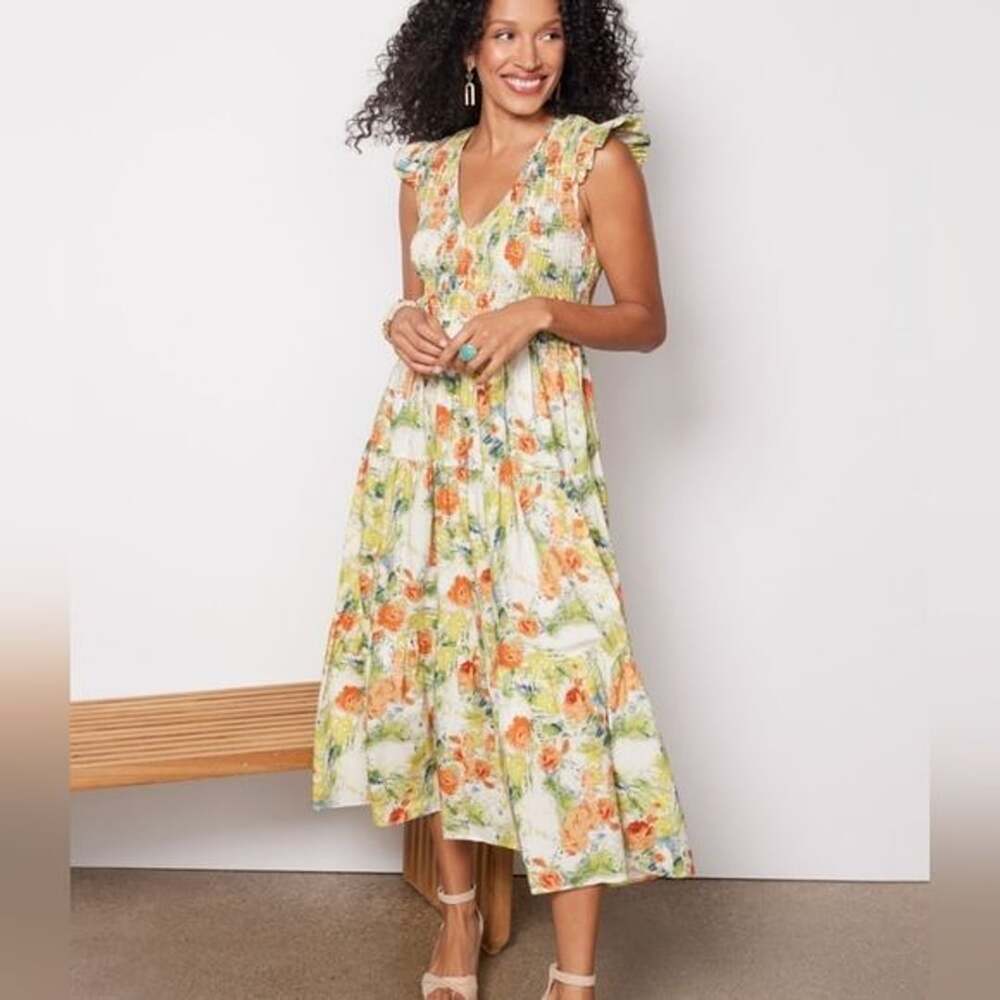 O.P.T Phoebe Floral Smoked Tiered Flutter Sleeve Midi Dress Size XS